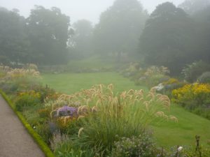 Dirleton Castle Gardens im Nebel